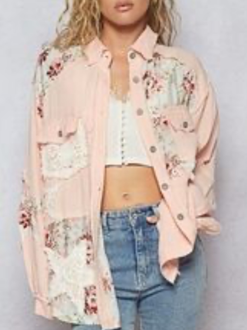 POL Light Pink Floral Patchwork Button-Down Shirt